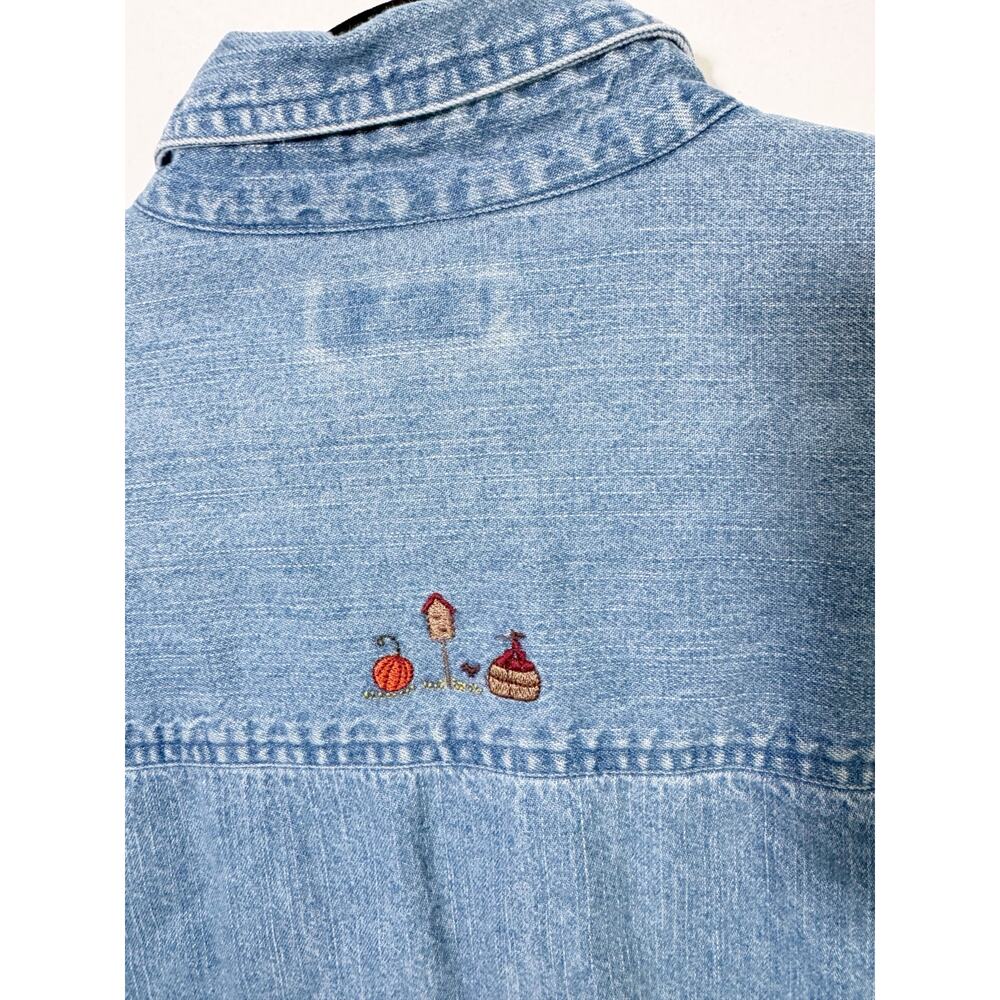 Vintage Collared Denim Button Down Shirt Embroidered Fall Motif Pumpkins Autumn - Picture 15 of 16